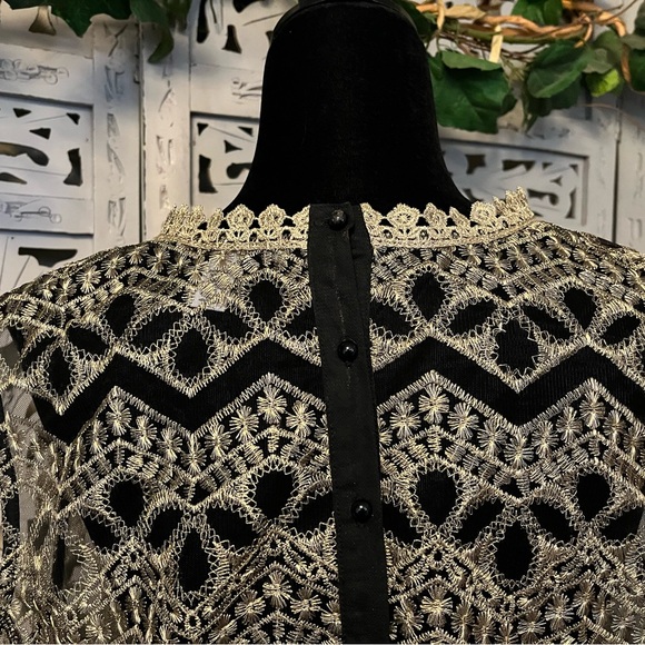 CATO GORGEOUS GOLD METALLIC EMBROIDERY WITH SHEER BLACK MESH SLEEVELESS PLUS TOP - Picture 8 of 13